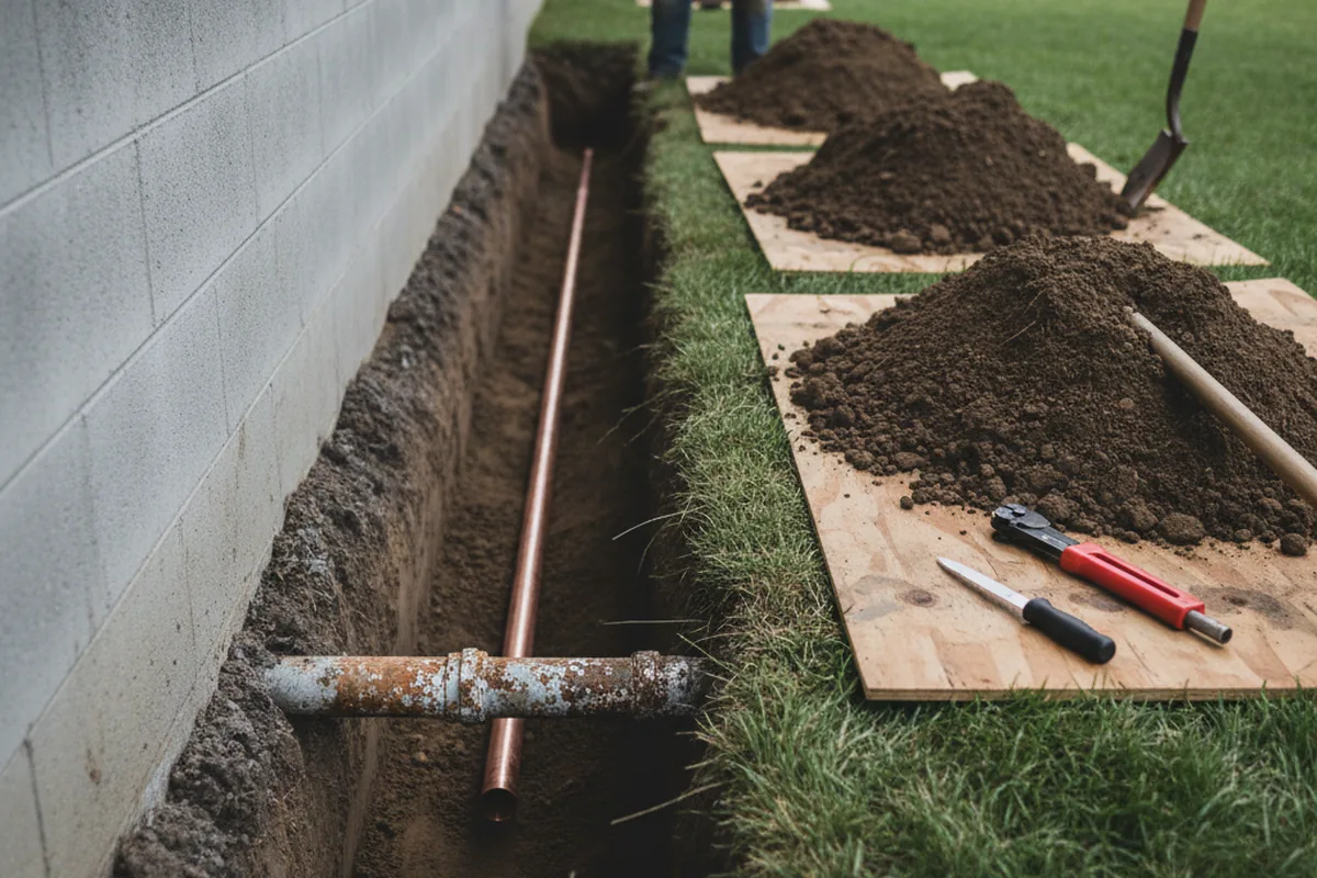 Excavated water line trench during Sewer Line Repair in Massena